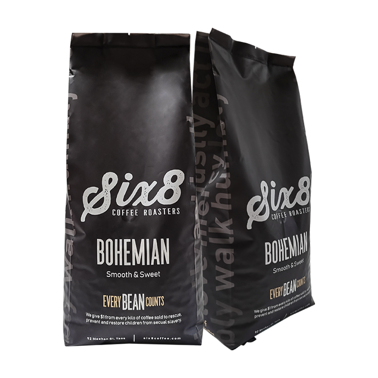 Straight and angled dark coffee bag front views
