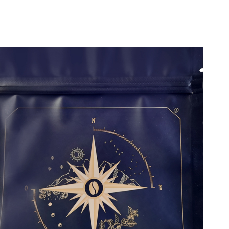 Navy coffee pouch showing its upper band, tear notch and zipper area